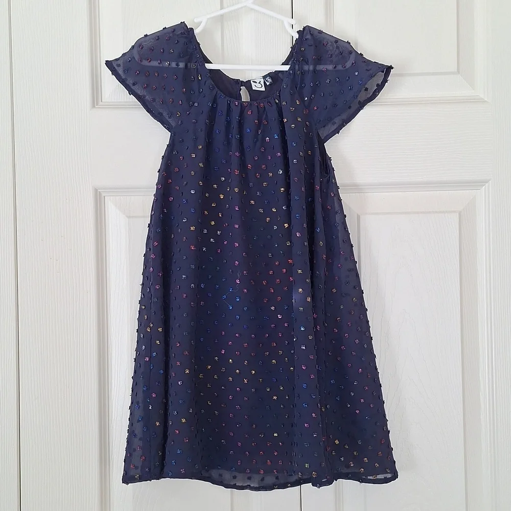 NWOT 3Pommes Girls Navy Robe A Manches Short Sleeve Dress
